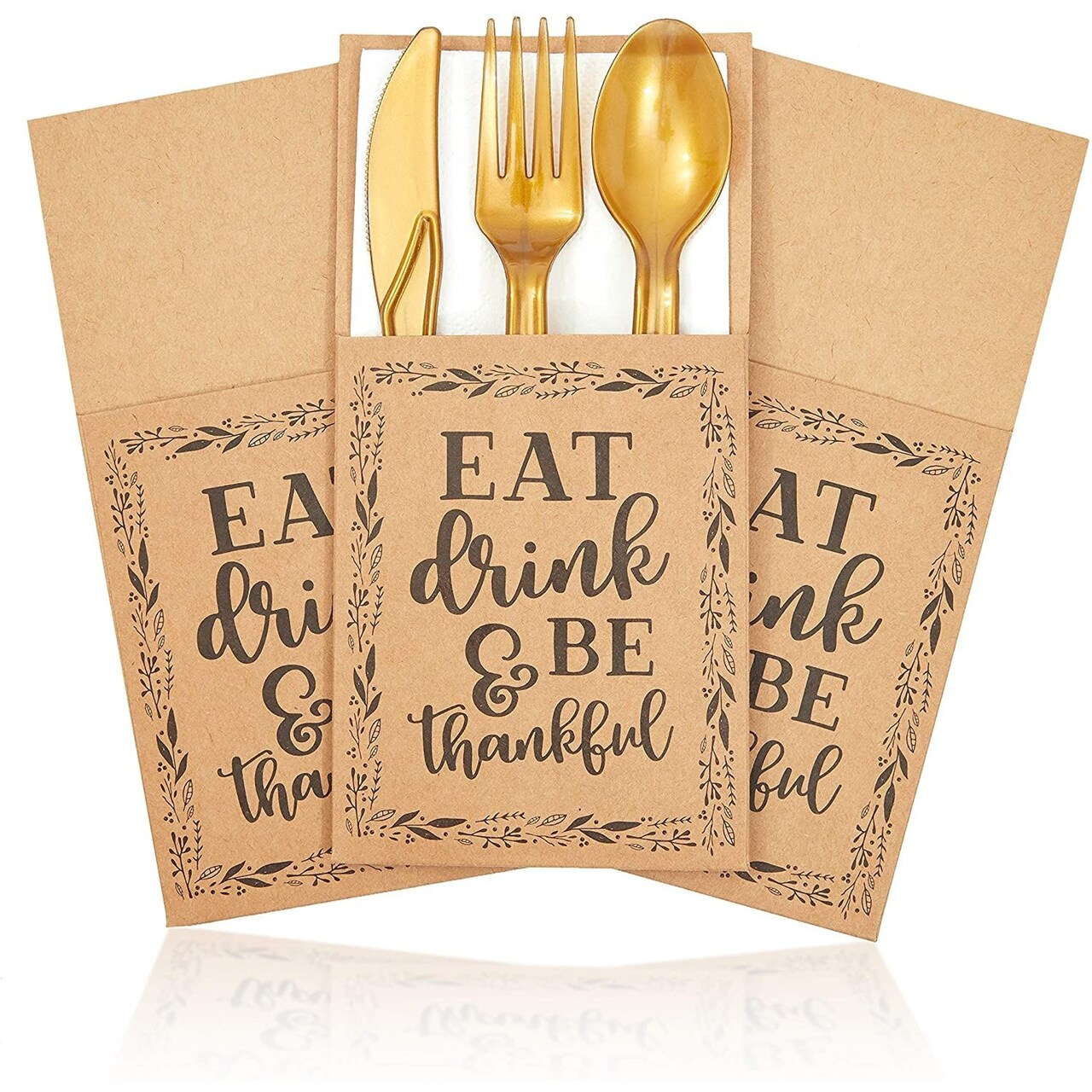 Thanksgiving Dinner Party Utensil Holder Pockets, Eat Drink &#x26; Be Thankful (36 Pack)